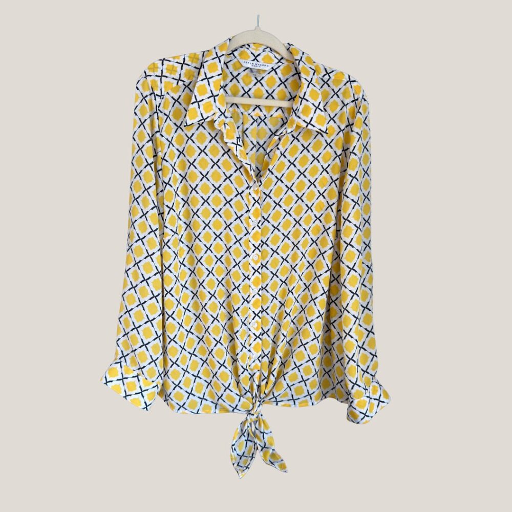 Peter Nygard Front Tie Yellow Black White Geometric Pattern Top, 1X